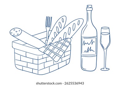 Picnic basket with bread and wine arranged for a relaxing outdoor meal