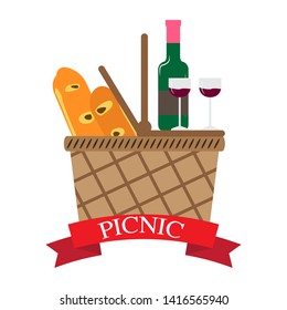 Picnic basket with bread and wine - Vector