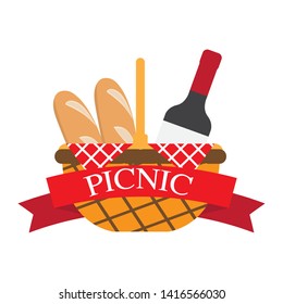Picnic basket with bread and wine - Vector