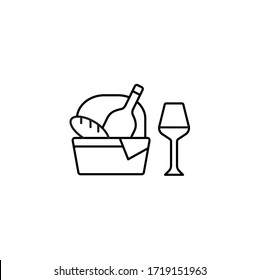 Picnic Basket With Bread And Wine, Wineglass Simple Thin Line Icon Vector Illustration