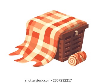 picnic basket and checked tablecloth icon isolated
