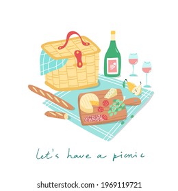 Picnic basket with cheese platter and wine on a blanket. Vector illustration of summer picnic concept. Outdoor lunch with baguette, fruits and other snacks.