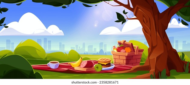 Picnic basket in city park near tree cartoon background. Outdoor summer party with cheeseburger, banana, apple, sausage and bottle. Nature sunlight in urban scene with takeaway meal for recreation