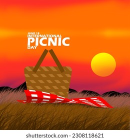 Picnic basket with cloth mat on grass at sunset with mountains and bold text to celebrate International Picnic Day on June 18