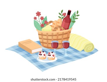 Picnic basket concept. Fruit basket on blue blanket. Active lifestyle and hiking in summer and spring seasons. Romantic weekend date with wine, cupcakes and fruit. Cartoon flat vector illustration