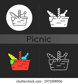 Picnic Basket Dark Theme Icon. Heaving Picnic Hamper. Holding Food And Tableware. Gathering Family For Outdoor Lunch. Linear White, Simple Glyph And RGB Color Styles. Isolated Vector Illustrations