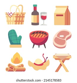 Picnic basket, drinks, thermos, cups, plates, food, sun protect and more. Vector illustration.