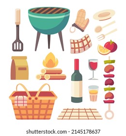 Picnic basket, drinks, thermos, cups, plates, food, sun protect and more. Vector illustration.