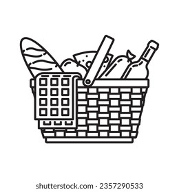 Picnic basket filled with blanket, wine bottle, bread, cheese, apple and sausage vector line icon for Picnic day on June 18