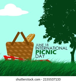 A picnic basket filled with dry bread on the grass in nature with trees in a clear cloudy sky and bold texts, International Picnic Day June 18