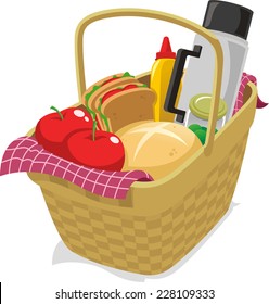 Picnic basket filled with food cartoon illustration