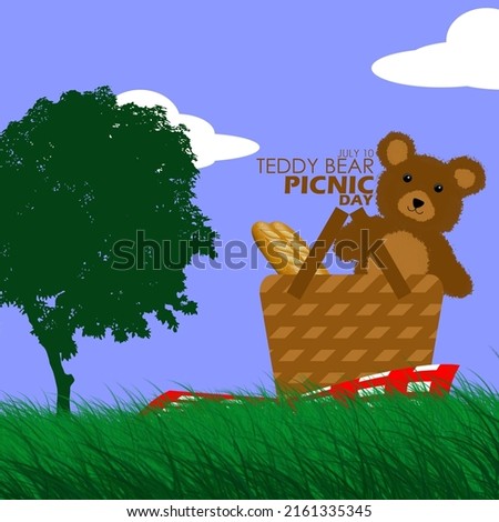 Picnic basket filled with teddy bears and dry bread on the grass on a sunny cloudy day with bold texts and tree, Teddy Bear Picnic Day July 10