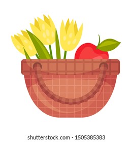 Picnic basket with flowers and apple. Vector illustration on a white background.