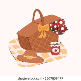 Picnic basket with flowers on a blanket. Flat vector illustration.