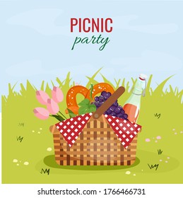 Picnic basket with flowers, pretzel, lemonade, grapes on grass and sky background. Summer vector illustration for cards, invitations