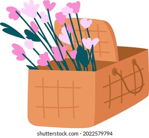 Picnic basket with flowers semi flat color vector object. Full sized item on white. Midsummer meadow. Picking wildflowers isolated modern cartoon style illustration for graphic design and animation