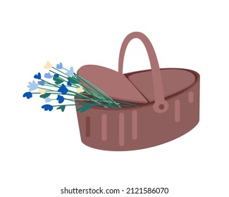 Picnic basket with flowers semi flat color vector object. Full sized item on white. Summertime outdoor activities simple cartoon style illustration for web graphic design and animation