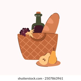 Picnic basket with flowers, wine and baguette. Flat vector illustration.