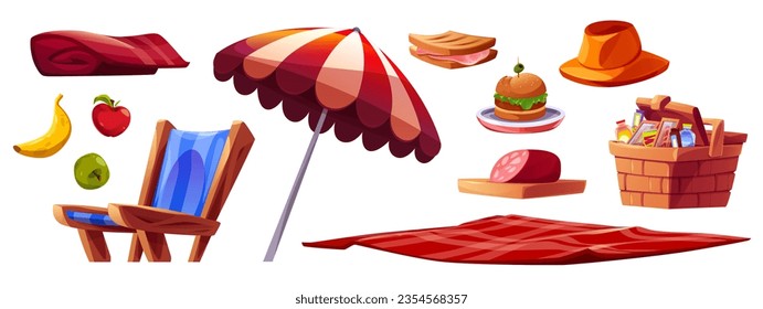 Picnic basket, food and blanket summer cartoon set. Fruit and sandwich for party lunch setup. Isolated clipart collection to construct nature recreation with umbrella, towel, chair and meal png