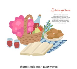 Picnic basket with food and drink. Invitation card for party celebration. Plate with cookies, book and two glasses with wine. Template for text. Isolated on white background. Vector illustration