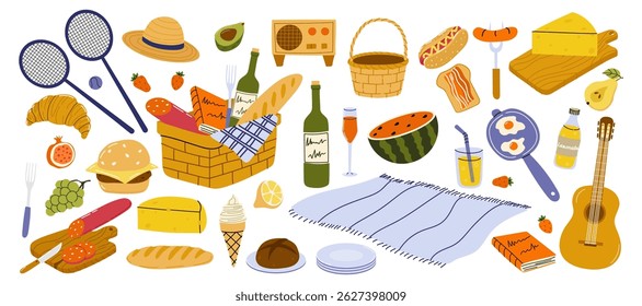 Picnic basket with food and drinks arranged on a blanket in a sunny outdoor setting