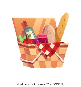 Picnic basket with food isolated on white. Vector illustration in flat style.