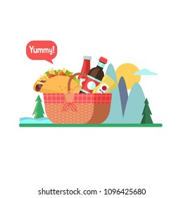 Picnic basket with food on the background of the mountain landscape. Drinks, tacos, ketchup, mustard. Vector illustration.
