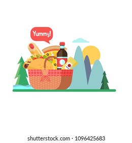 Picnic basket with food on the background of the mountain landscape. Drinks, hamburger, hot dog, ketchup, mustard. Vector illustration.