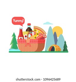 Picnic basket with food on the background of mountain scenery and tents. Drinks, pizza, ketchup, mustard. Vector illustration.