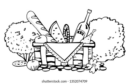 Picnic basket with food on the ground with bushes on the background. Outline vector sketch illustration black on white background