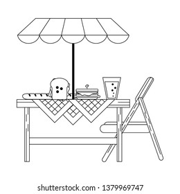 Picnic basket with food products black and white