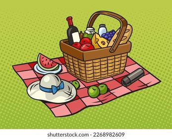 Picnic basket with food products pinup pop art retro vector illustration. Comic book style imitation.