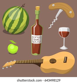 Picnic basket with food relaxation vacation container lunch summer meal vector illustration