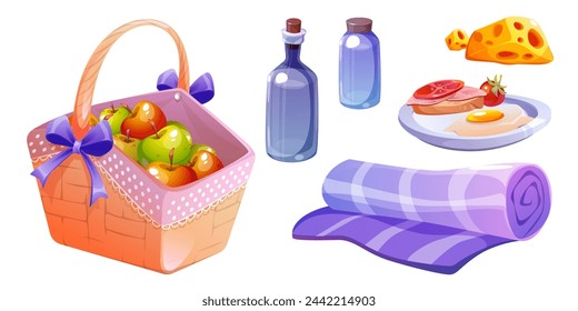 Picnic basket and food set isolated on white background. Vector cartoon illustration of wicker bag with apples, glass bottle and jar, checkered blanket, cheese and sandwich on plate, outdoor party