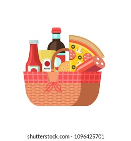 Picnic basket with food. Vector illustration.