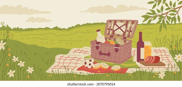 Picnic basket with food and wine on summer meadow background, hand drawn flat vector illustration. Summer picnic banner layout. Food and pastime objects in landscape.