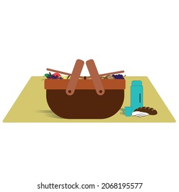 Picnic basket. Basket with fresh fruit and bread on the bedspread. Picnic food. Vector flat illustration on a white background.