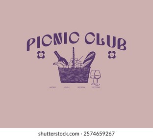 Picnic basket with fruits and wine vector art, Family holiday artwork for t shirt, poster, graphic print, Picnic social club logo design