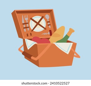 Picnic basket full of food with cutlery and plate. Cartoon picnic concept with wine, bread and fruit. Leisure outdoor meal vector illustration.