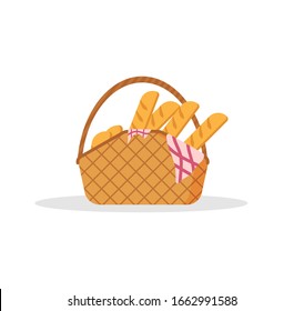 Picnic basket full of food on a white background. Picnic basket is full of delicious fruits and bread for al fresco dining. Picnic Design Concept. Vector illustration, EPS 10