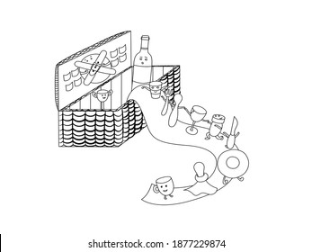 Picnic basket with funny cuoa, plates, fork, salt, bootle and glasses in doodle style on white background.