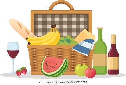 Picnic basket with grapes, strawberries, apple, banana, watermelon, baguette, cheese, wine, glass. Basket with different food for romantic lunch in nature. Vector illustration of picnic basket.