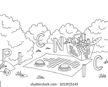 Picnic basket graphic black white landscape sketch illustration vector