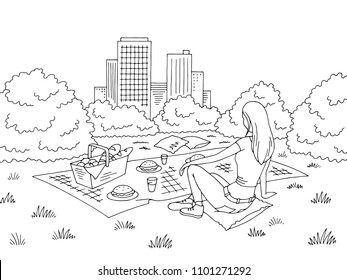 Picnic Basket Graphic Black White Park Landscape Sketch Illustration Vector