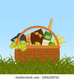 Picnic basket in a green grass. Wicker basket with champagne and food. There is a bottle of sparkling wine, a box of chocolates, bananas, an apple, grapes in the picture. Vector illustration