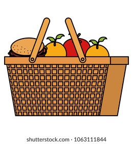 picnic basket with hamburger and fruits