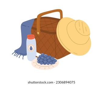 Picnic Basket, Hat And Grape Vector Illustration