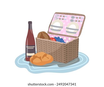 Picnic basket with healthy snack, bread and wine bottle loaded with utensils isolated on white