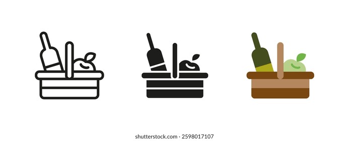 Picnic basket icon with apples and bottle vector illustration. Food container for outdoor leisure and healthy snacks. Fresh fruit and drink for a relaxing summer outing.