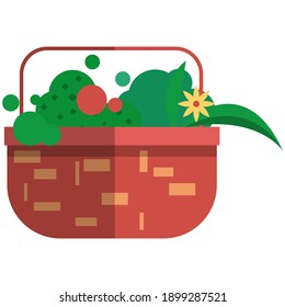 Icono de cesta de picnic, ilustración vectorial plana aislada en fondo blanco. Cesta de mimbre con frutas y verduras. Camping de verano, picnic por la naturaleza.